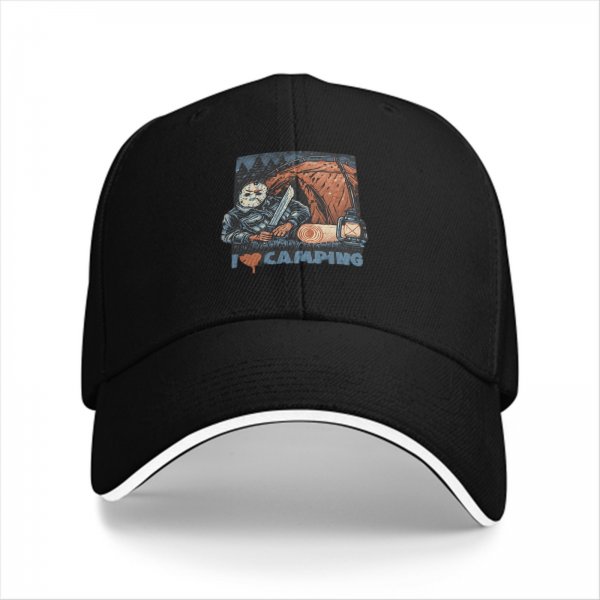 Black Baseball Cap With I Love Camping Jason Voorhees Horror Print