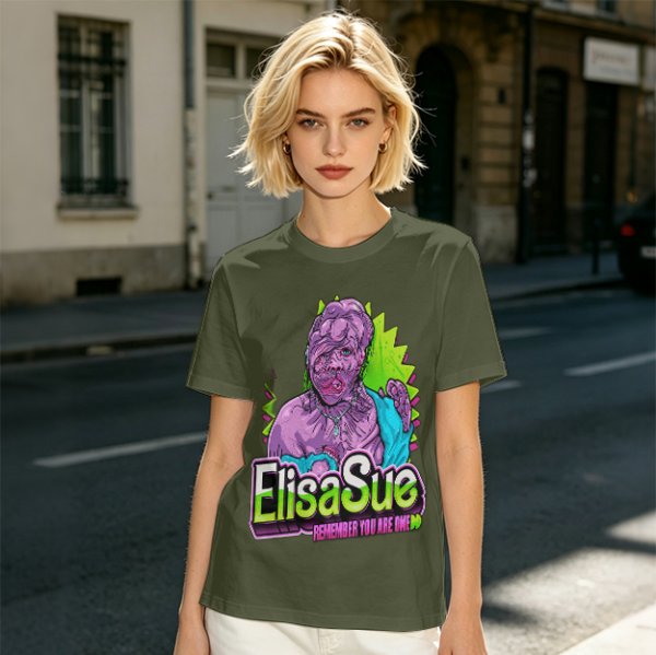 Olive Graphic T-Shirt With ElisaSue Artwork And Slogan