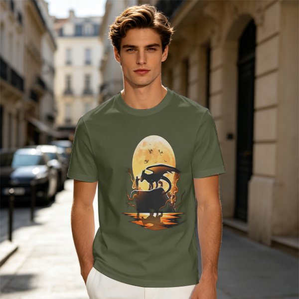Olive T-Shirt With Dragon Silhouette Full Moon Graphic Print