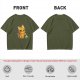 Olive T-shirt with mischievous orange cat knocking over green cup print