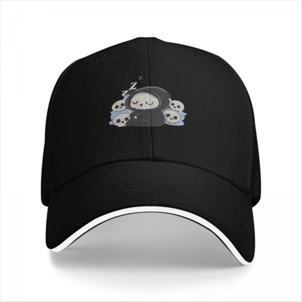 Black baseball cap with cute sleeping grim reaper and skulls graphic