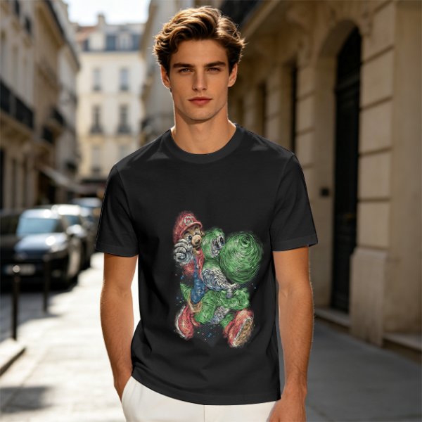 Olive T-shirt with Mario and Yoshi artistic graphic print