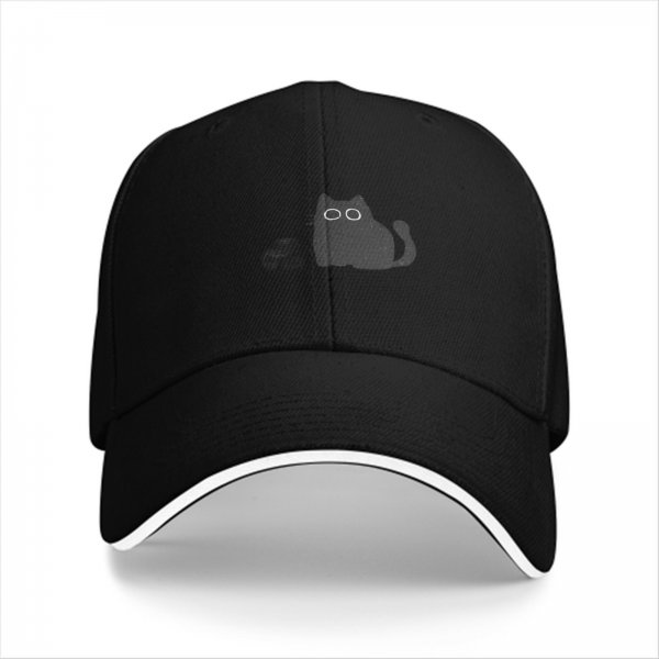 Black Baseball Cap With Minimalist Grey Cat Graphic Design