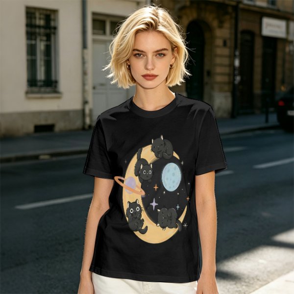 Olive T-Shirt With Black Cats On Crescent Moon Space Print