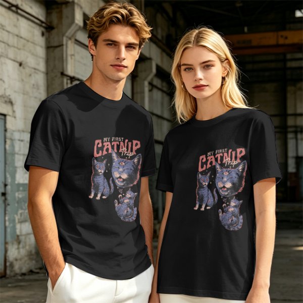 Olive T-Shirt With My First Catnip Trip Psychedelic Cat Print