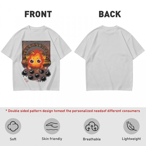 Olive t-shirt with Calcifer and soot sprites graphic print