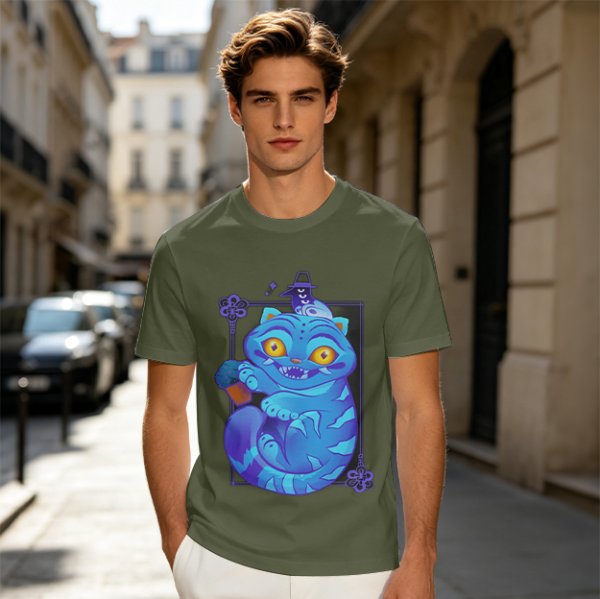 Olive T-Shirt With Cheshire Cat And Crow Graphic Print