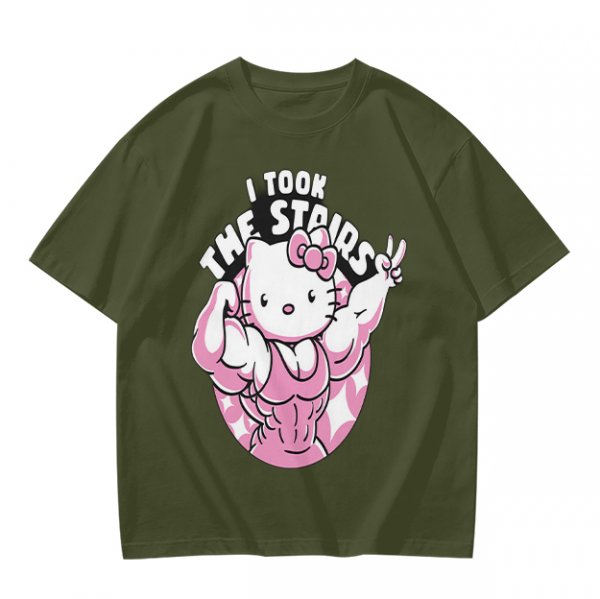 Olive t-shirt with muscular Hello Kitty graphic and 'I Took The Stairs' text