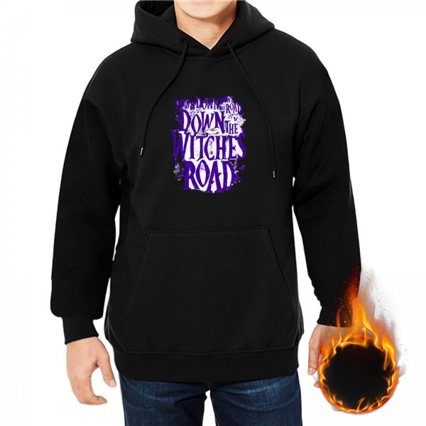 Black hoodie with 'Down the Witches Road' graphic print