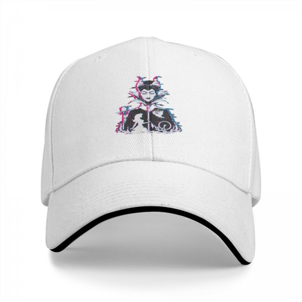 Black baseball cap with glitch-style Maleficent graphic print