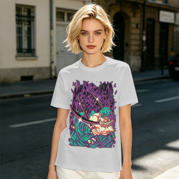 Olive T-Shirt With Anime Swordsman Graphic Print
