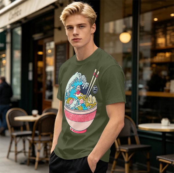 Olive T-shirt with Great Wave Ramen Bowl Graphic Design