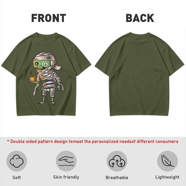 Olive T-Shirt With Cute Mummy Holding Hot Coffee Print