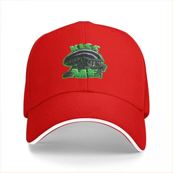 Black baseball cap with alien graphic and 'Kiss Me' text