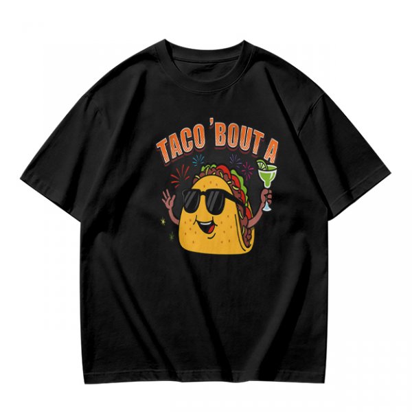 Olive taco graphic t-shirt with 'TACO 'BOUT A' text and margarita