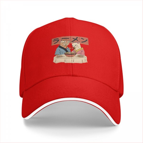 Black baseball cap with cats eating ramen graphic