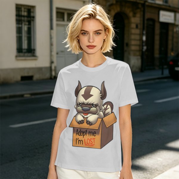 Olive t-shirt with Appa in a box that says Adopt me I'm Lost