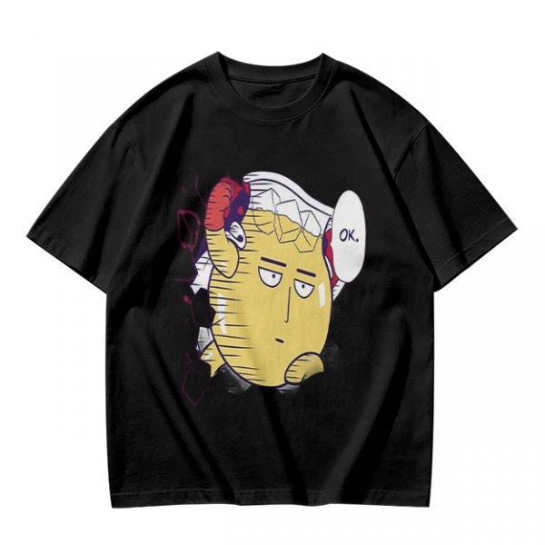 Oversized Olive T-Shirt with Saitama 'OK' Anime Graphic Print