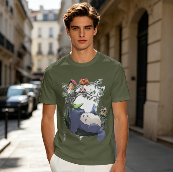 Olive green t-shirt with My Neighbor Totoro forest scene print