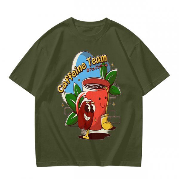 Olive green graphic t-shirt with caffeine team coffee cup and bean illustration