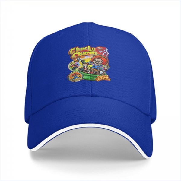 Black baseball cap with Chucky Charms horror cereal graphic