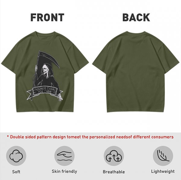 Olive Grim Reaper Graphic T-Shirt With Sooner Than You Think Text