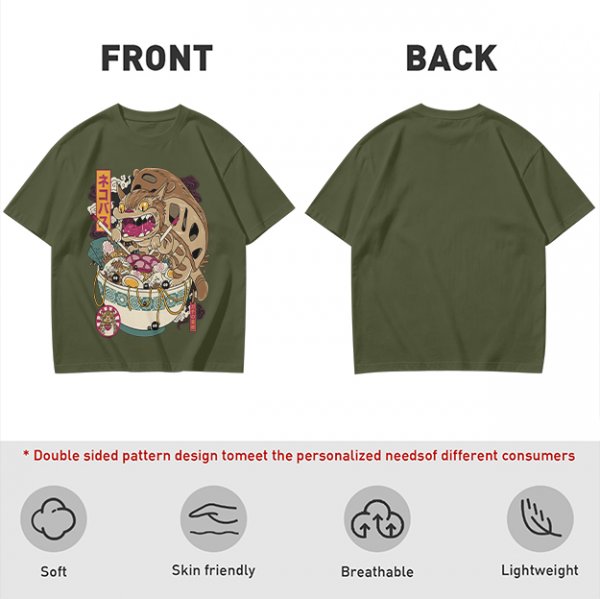 Olive t-shirt with cat bus ramen bowl graphic print