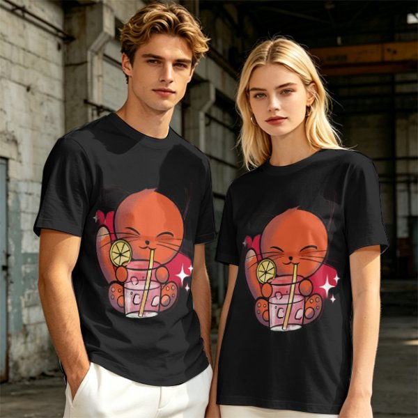 Olive Green T-Shirt With Cute Orange Cat Drinking Cocktail Graphic