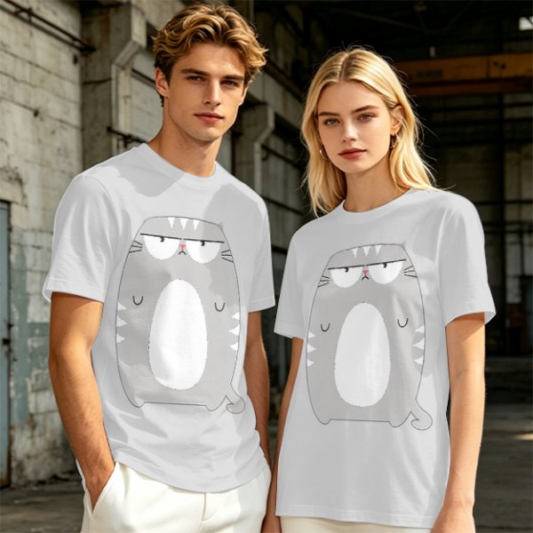 Olive Green T-Shirt With Grumpy Chubby Gray Cat Graphic