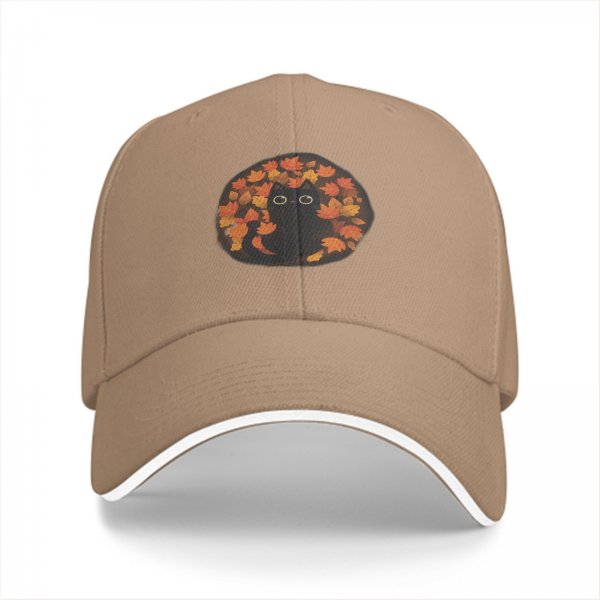 Black Baseball Cap With Cute Black Cat In Autumn Leaves Print