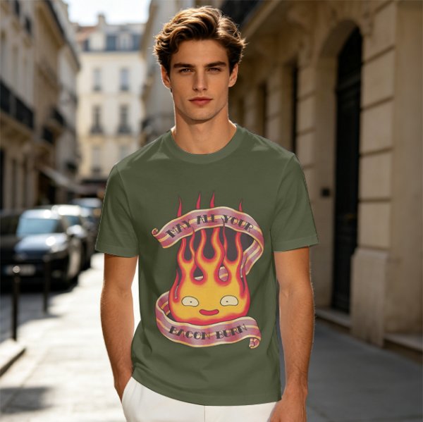 Olive T-Shirt With Calcifire Bacon Fire Graphic Print