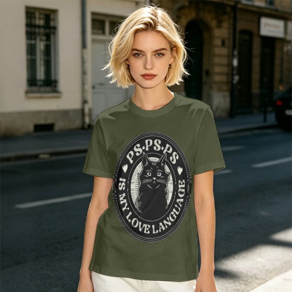 Olive cat graphic t-shirt with 'PS PS PS is my love language' print