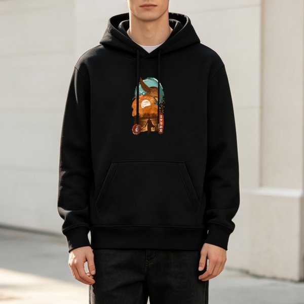Black Hoodie With Japanese Style Graphic Print Design
