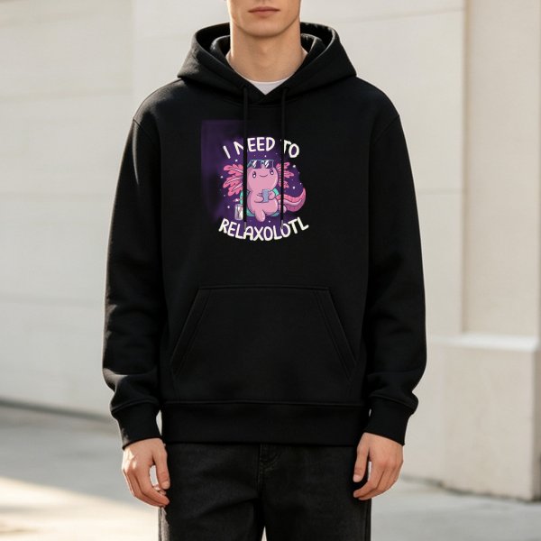 Black Hoodie With Cute Axolotl Relaxolotl Graphic Print