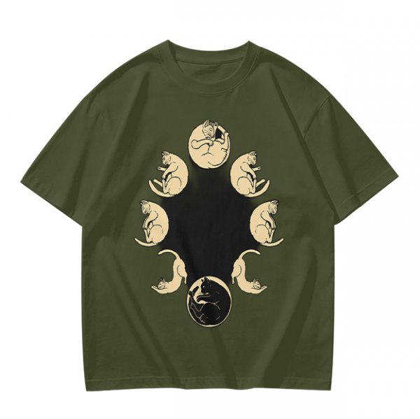 Olive T-Shirt With Cat Phases Moon Cycle Graphic Print