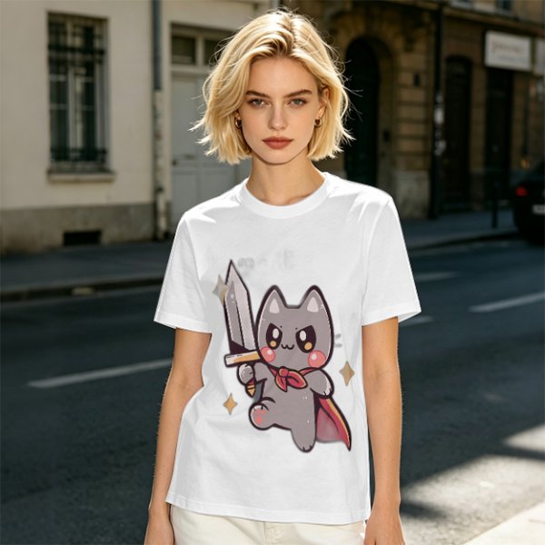 Olive T-shirt with cute warrior cat holding a sword graphic