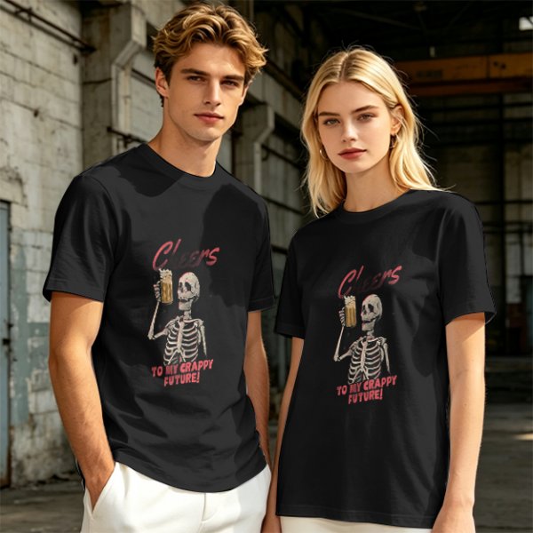 Olive skeleton graphic t-shirt with 'Cheers to my crappy future' print