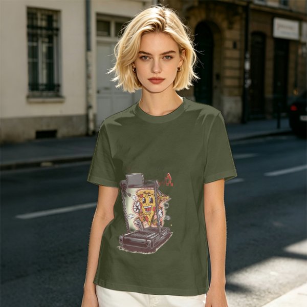 Olive T-shirt with cartoon pizza running on treadmill graphic