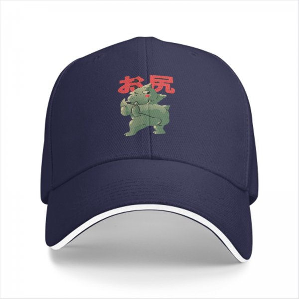 Black baseball cap with green monster graphic and red Japanese text