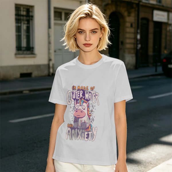 Olive t-shirt with anxious unicorn glitter water and anxiety print