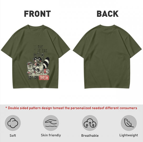Olive T-Shirt With Raccoon Eating Pizza Trash Print Design