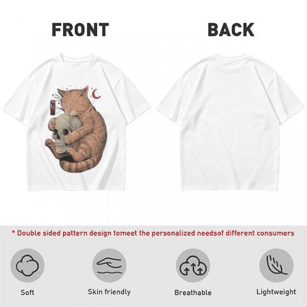 Olive T-Shirt Featuring a Ginger Cat Hugging a Skull