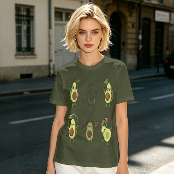 Olive Green T-Shirt with Cartoon Avocado Fitness Characters Print