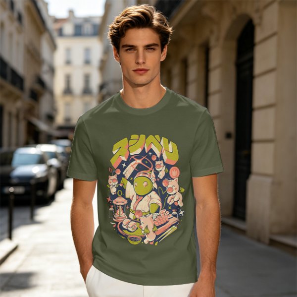 Olive T-Shirt With Final Fantasy Tonberry Moogle Sushi Art Print