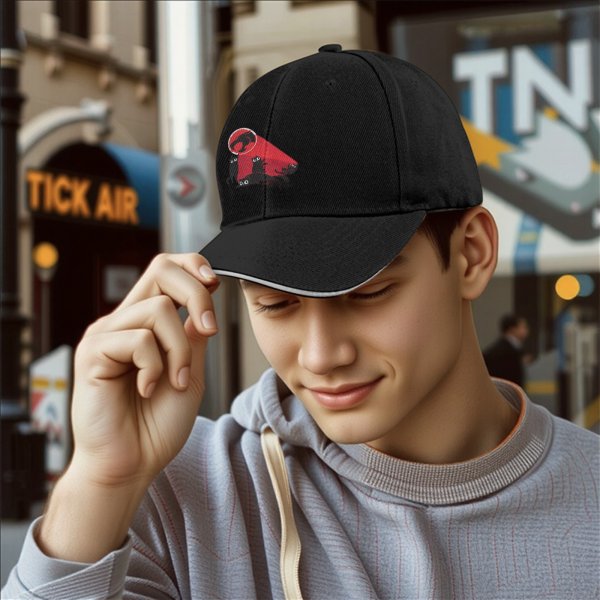 Black Baseball Cap With Playful Black Cat Red Thunder Cat Logo Print