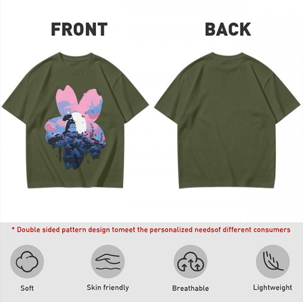 Olive T-Shirt with Sakura Flower and Whimsical Forest Creature Print