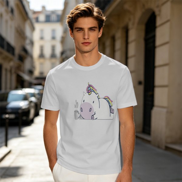 Olive green t-shirt with a chubby unicorn holding a steaming coffee cup