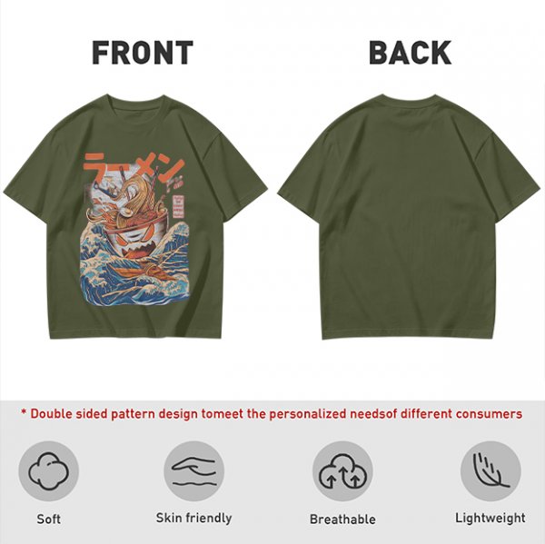 Olive T-Shirt With Great Wave Inspired Monster Ramen Bowl Art
