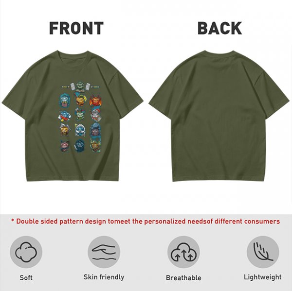 Olive Green T-Shirt With Fantasy Character Icons Print