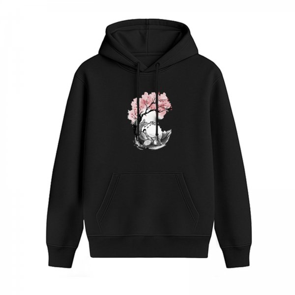 Black hoodie with cherry blossom tree and whimsical creature graphic